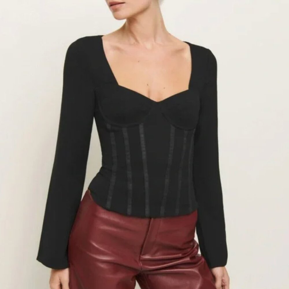 ✨ SALE Reformation Amina Top Sz4 Black Noir French Blouse Knit Stretch